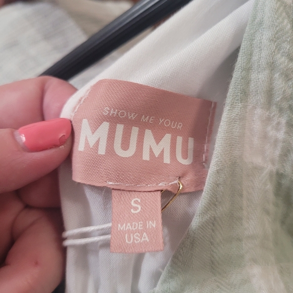 New Show Me Your MuMu Sage Green Gingham Ruffle Crop Smocked Top Small - Picture 7 of 8